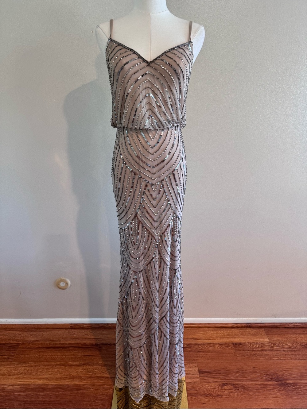 PRIMAVERA Size 6 Art Deco Sequin Beaded Maxi Gown Nude Silver